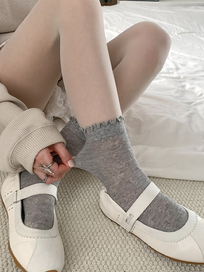 Yellow/White/Blue/Gray Butterfly Details Ribbed Trim Calf Socks