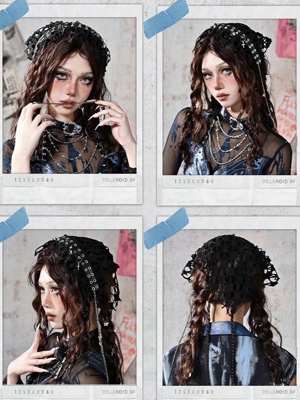 Grunge Punk Rock Black Studs Design Mesh Triangle Scarf KC Cross Charms Chain Detail