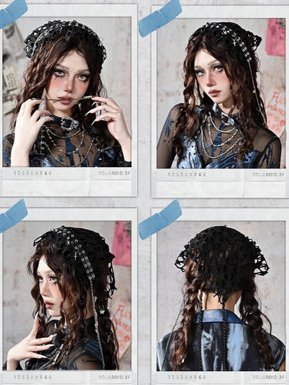 Grunge Punk Rock Black Studs Design Mesh Triangle Scarf KC Cross Charms Chain Detail