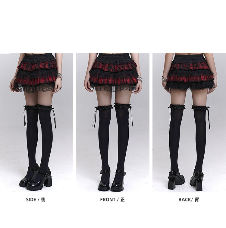 Red and Black Plaid Elastic Waist Lace Trim Mini Tiered Skirt Bloomers Lining