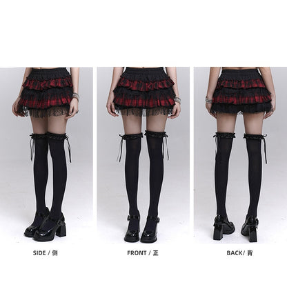 Red and Black Plaid Elastic Waist Lace Trim Mini Tiered Skirt Bloomers Lining