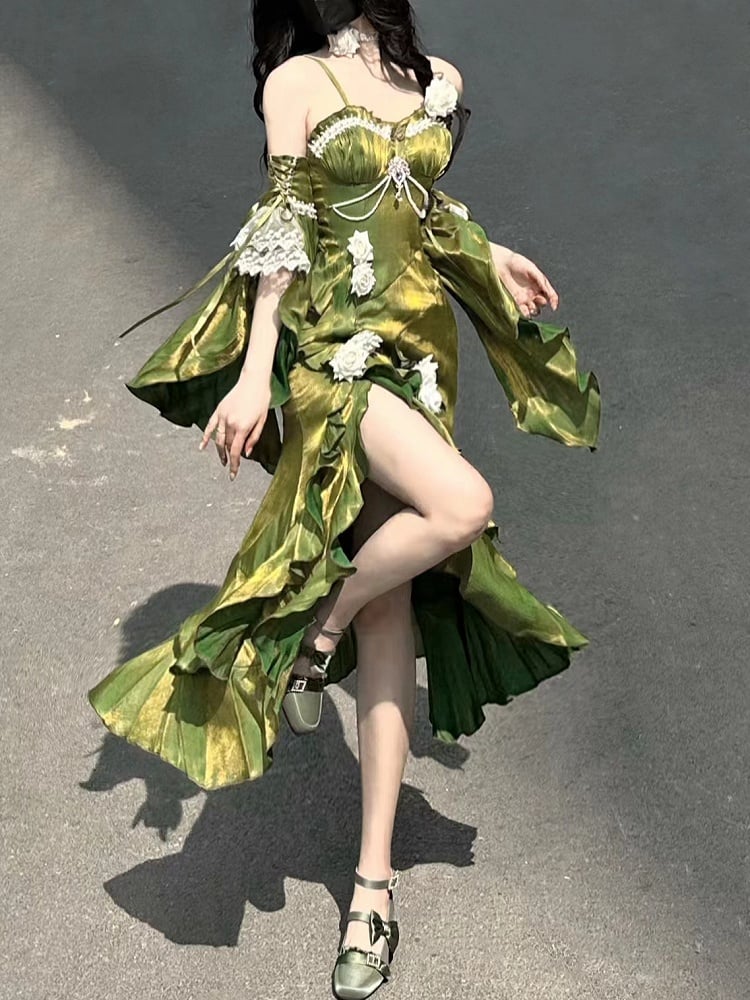 Clearance-Size XL for Bust 94CM Green Evening Gown Rosette Mermaid Dress with Detachable Flounce Sleeves