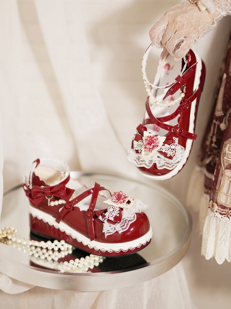 Red Floral Design Bow at Top Lace Trim Heart Buckle Platforms With Detachable Beaded Chain