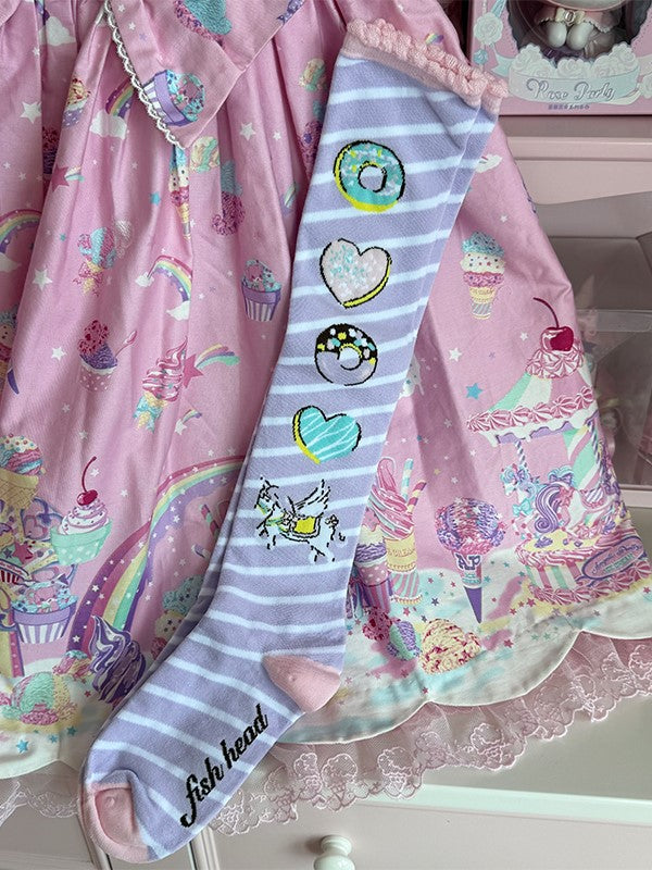 Pink/Yellow/Blue/Purple Unicorn Donut Print Striped Pattern Lolita Over Knee Stockings