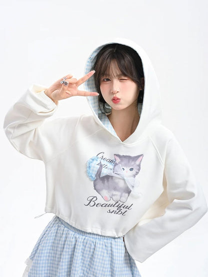 Adorable Cartoon Kitty Print Drawstring Hem Blue Plaid Hood White Hoodie