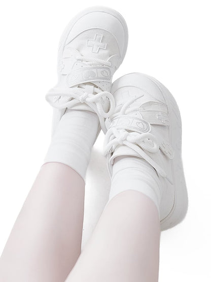 White Yami Kawaii Cross Applique Crisscross Velcro Strap Closures Platform Sneakers