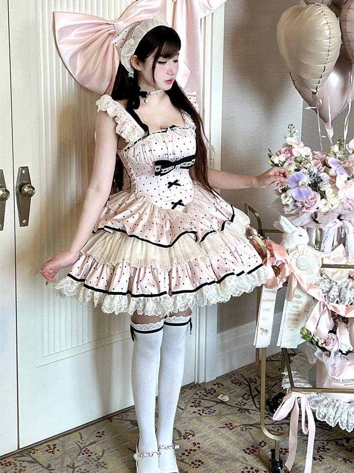 Black Polka Dots Pink Basque Waist Tiered Skirt Sweet Dress