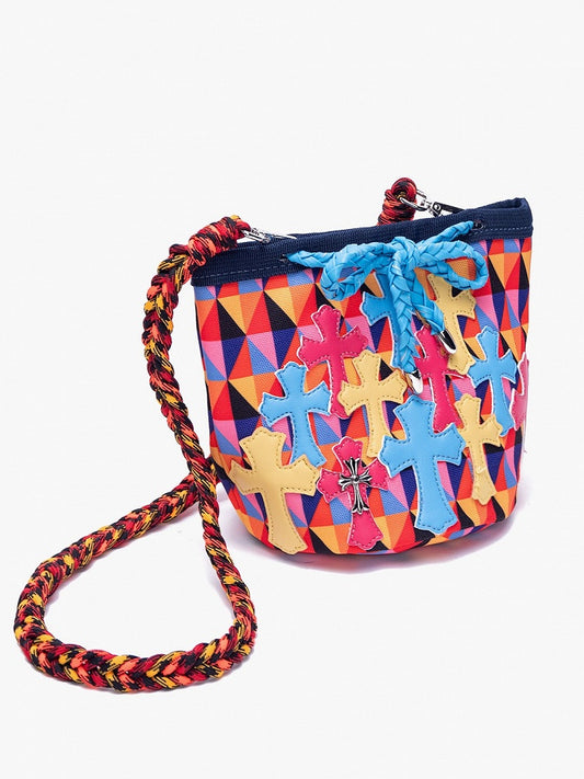 Colorful Diamond Pattern Crossbody Bag With Cross Accents & Multicolor Braided Strap