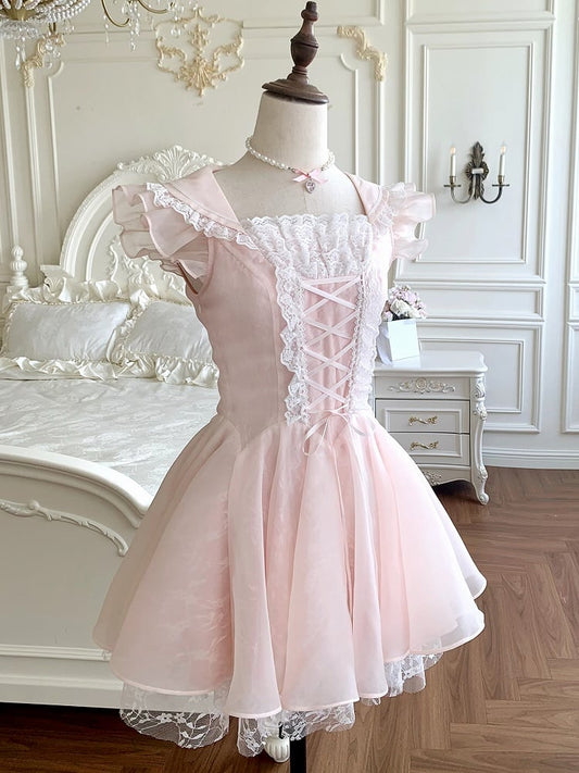 Pink Lace-up Waist Lace Trim Flutter Sleeves Balletcore Dress