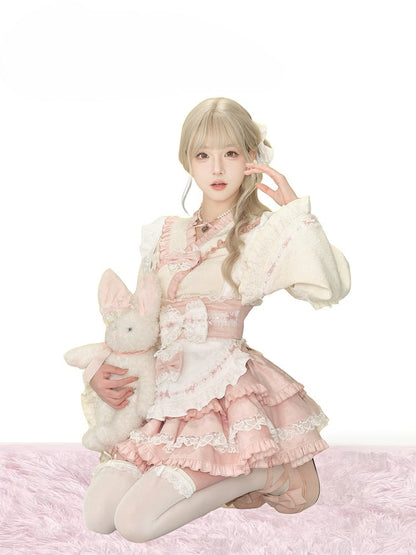 Pink & White Sash Apron with Lace Trim and Bow Accents