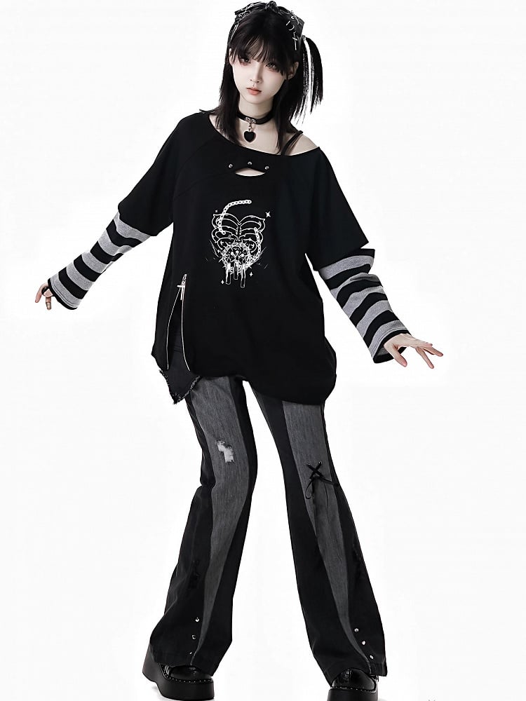 Black Distressed Holes Asymmetrical Waistline Flared Jeans