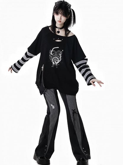 Black Distressed Holes Asymmetrical Waistline Flared Jeans