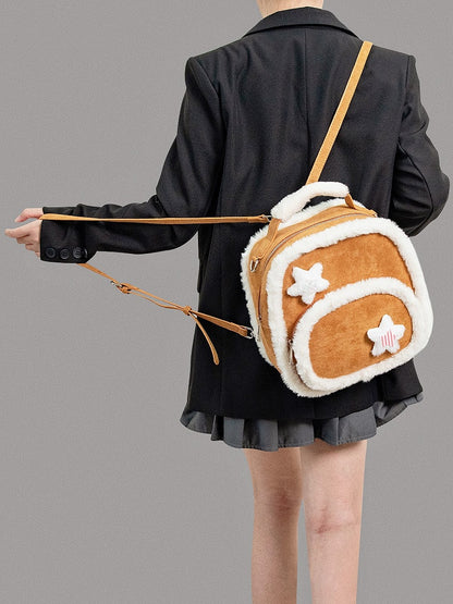 Chic 2-Way Small-Sized Brown Backpack With Plush Trim And Fuzzy Star Accents