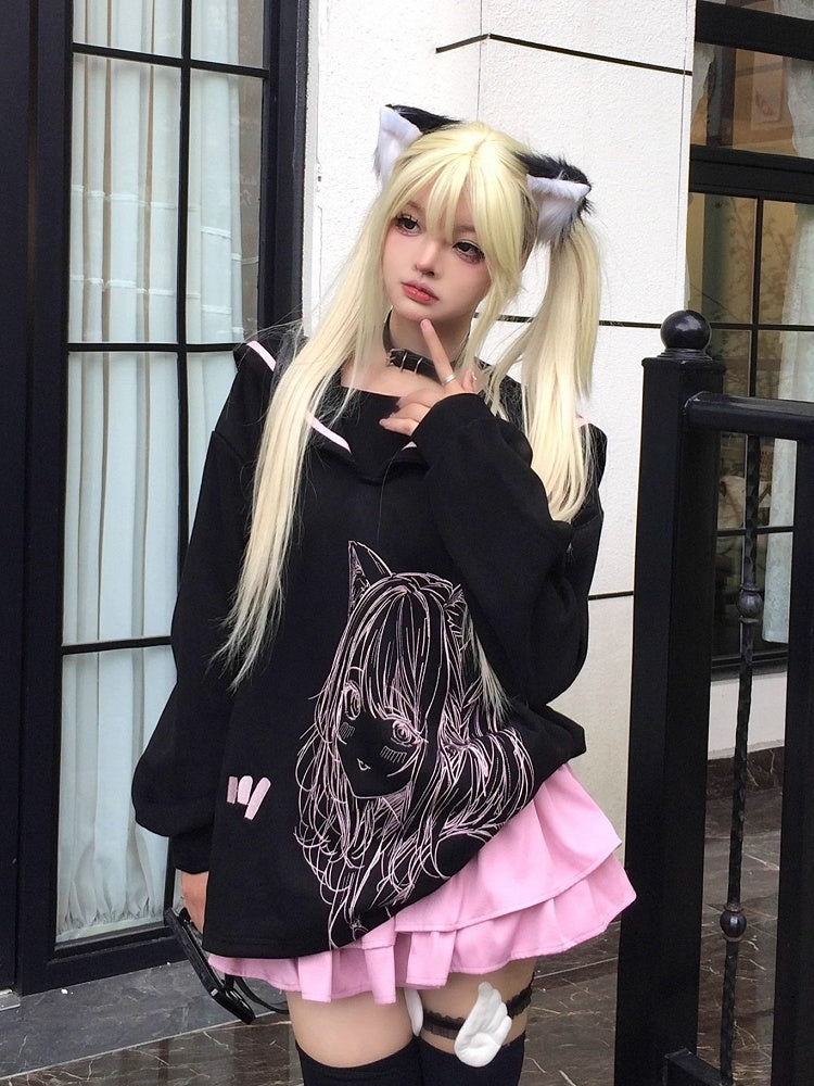 Black/Pink Sailor Collar Sweatshirt with Manga Girl Print and Ribbon Bow Back - Jirai Kei Style