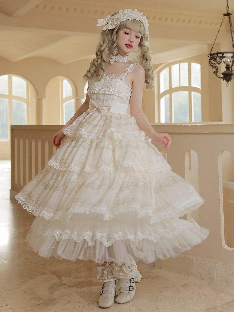 Cream Print Tiered Skirt Beads Neckline Lolita Jumper Skirt