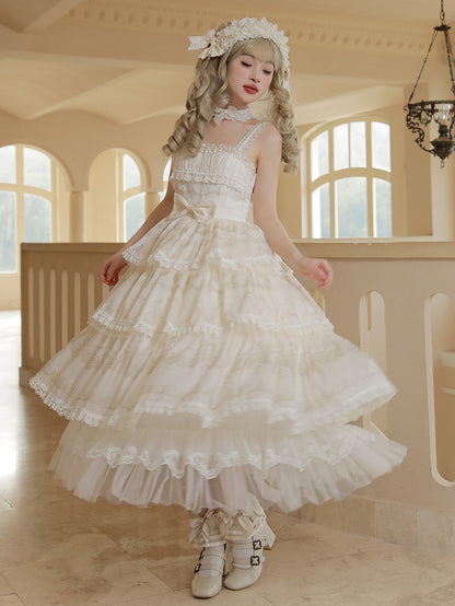 Cream Print Tiered Skirt Beads Neckline Lolita Jumper Skirt