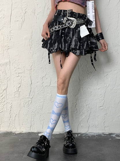 Blue Y2K Heart And Bowknot Print Underknee Stockings