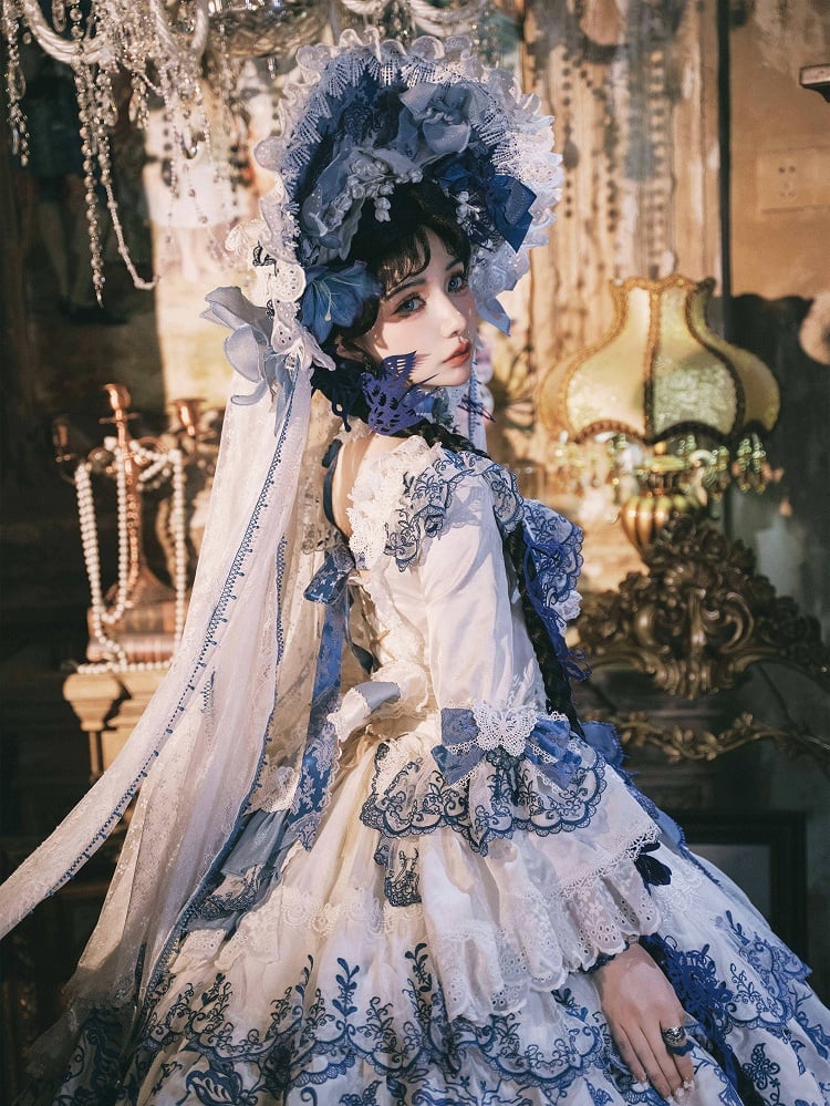 White and Blue Bonnet with Detachable Veil