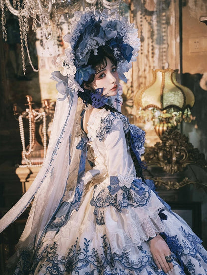 White and Blue Bonnet with Detachable Veil