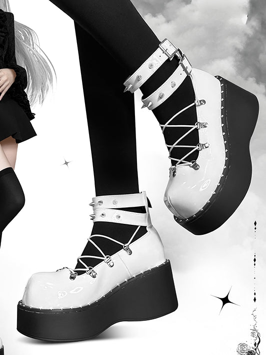 Front Lace-up Spike Stud Detailing White Punk Lolita Platforms