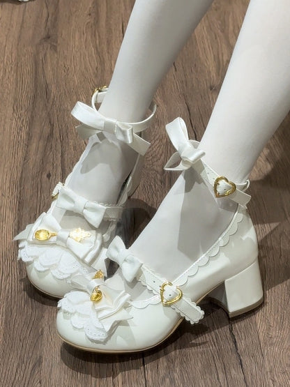 White Spoon Decorated Bowknot Details Sweet Lolita High Block Heels