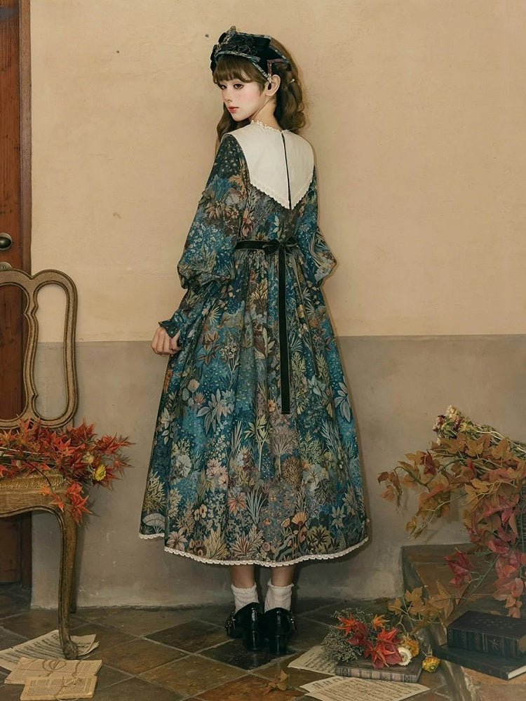 Green & Blue Floral Print Long-Sleeve Elegant Classic Lolita Dress with Waist Belt