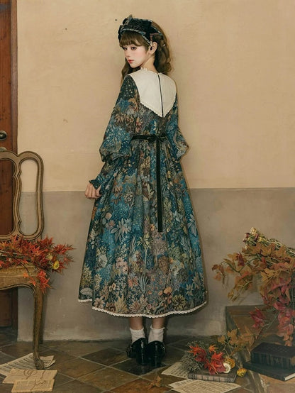 Green & Blue Floral Print Long-Sleeve Elegant Classic Lolita Dress with Waist Belt