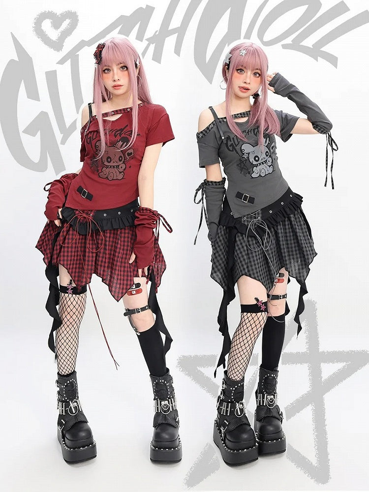 Red/Black Asymmetrical Neckline Bunny Print Y2K T-Shirt with Free Armwear