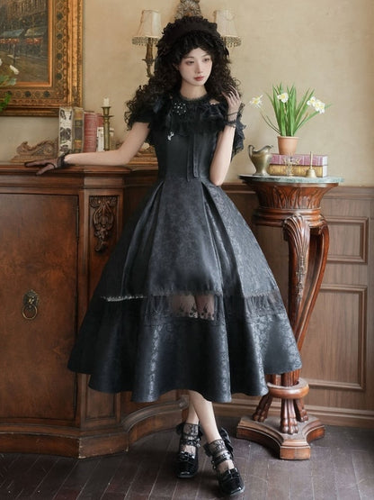 Black Illusion Halter Neck Rosette Jacquard Fabric Elegant Dress Full Set