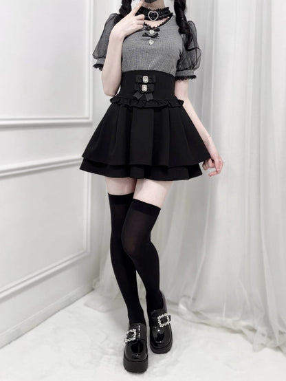 Bowknot and Rhinestone Decoration Choker Design Black Houndstooth Jirai Kei Blouse