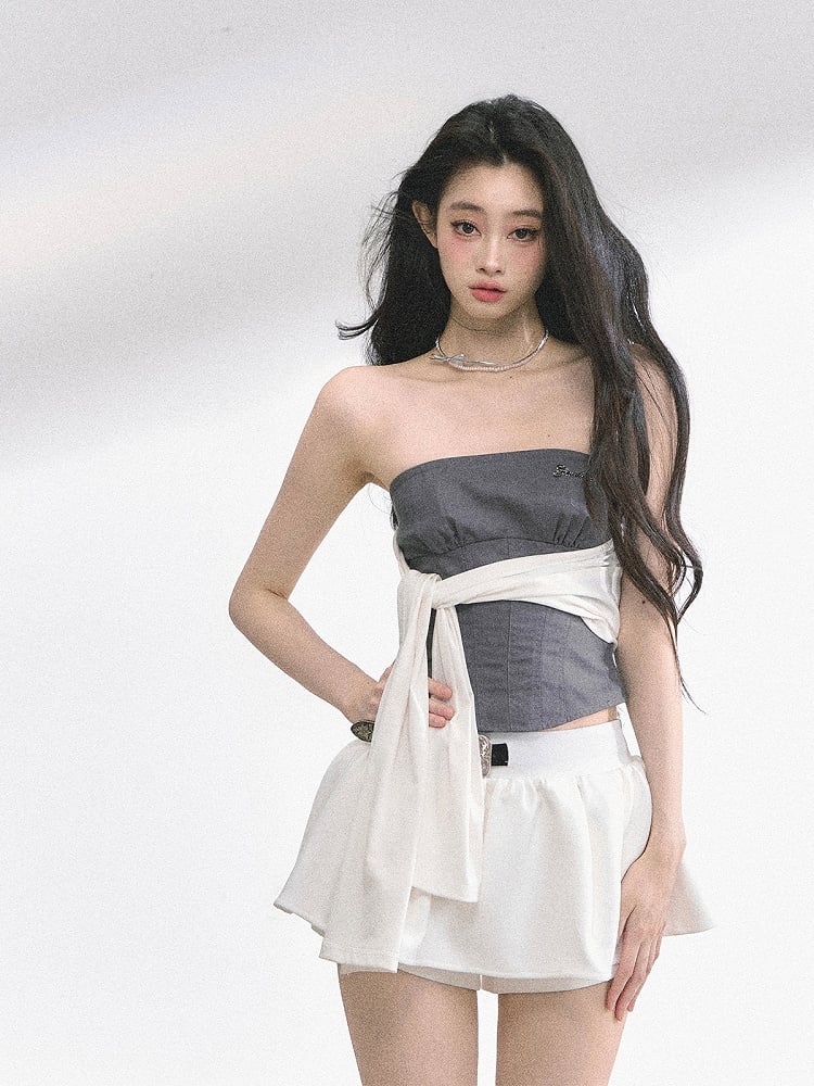 Gray Slim-fitting Strapless Top with White Self-tie Straps Design