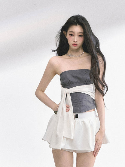 Gray Slim-fitting Strapless Top with White Self-tie Straps Design