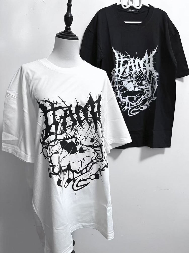 Black Jirai Kei Cartoon Girl And Letter Print Round Neck T-shirt