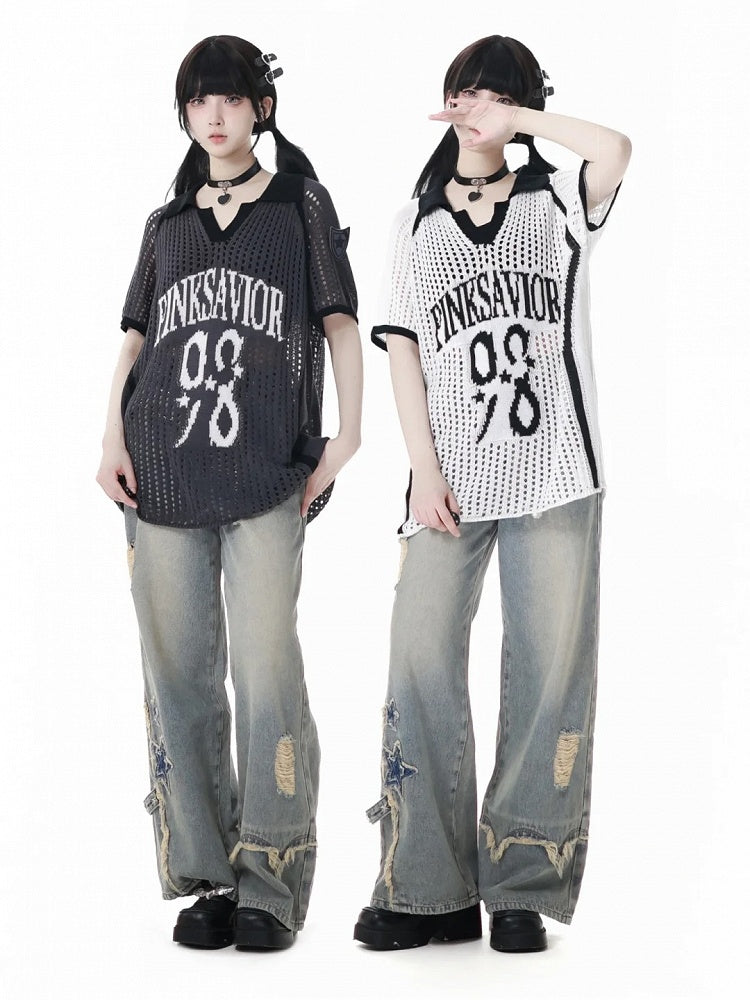 Blue Star Appliques Raw Hem Distressed Wide-leg Jeans with Waist Chain