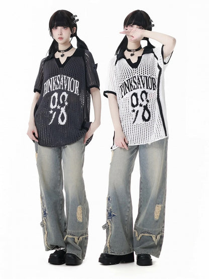 Blue Star Appliques Raw Hem Distressed Wide-leg Jeans with Waist Chain