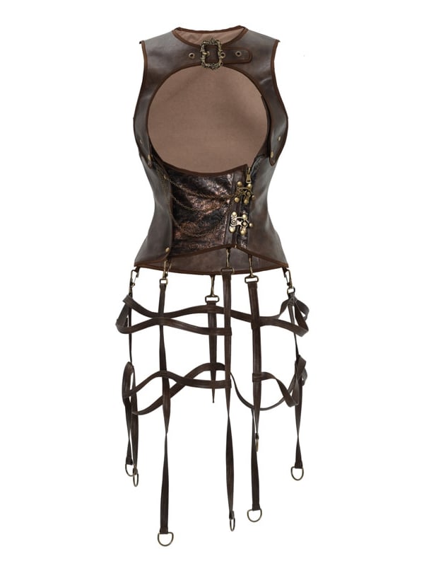 Brown PU Leather Vintage Steampunk Waistcoat Detachable Birdcage