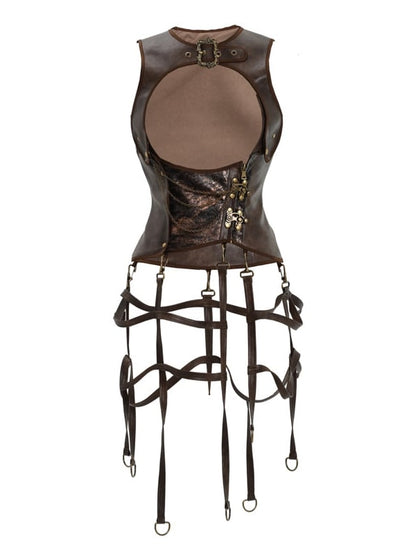 Brown PU Leather Vintage Steampunk Waistcoat Detachable Birdcage