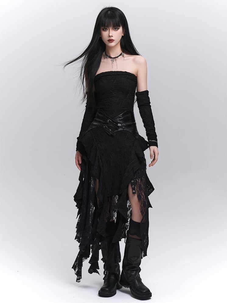 Black Asymmetrical Cascading Ruffles Strapless Dress with Free Armwears