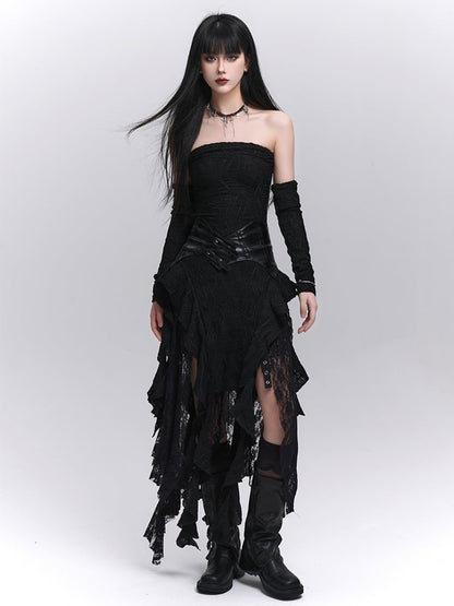 Black Asymmetrical Cascading Ruffles Strapless Dress with Free Armwears