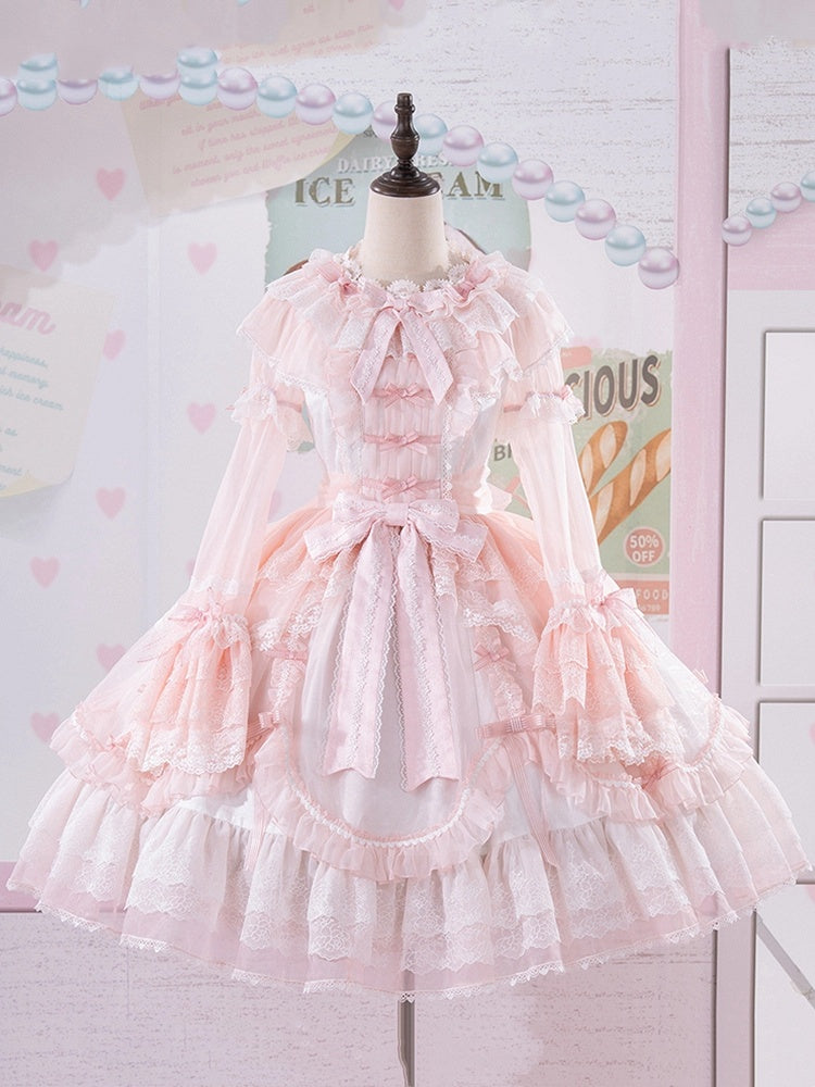Pink Scalloped Edge Trim Overlay Skirt Princess Lolita Dress with Detachable Sleeves
