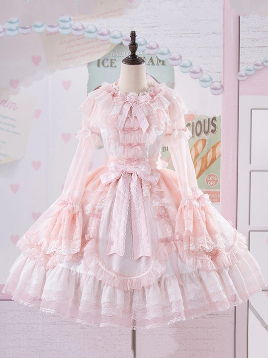 Pink Scalloped Edge Trim Overlay Skirt Princess Lolita Dress with Detachable Sleeves