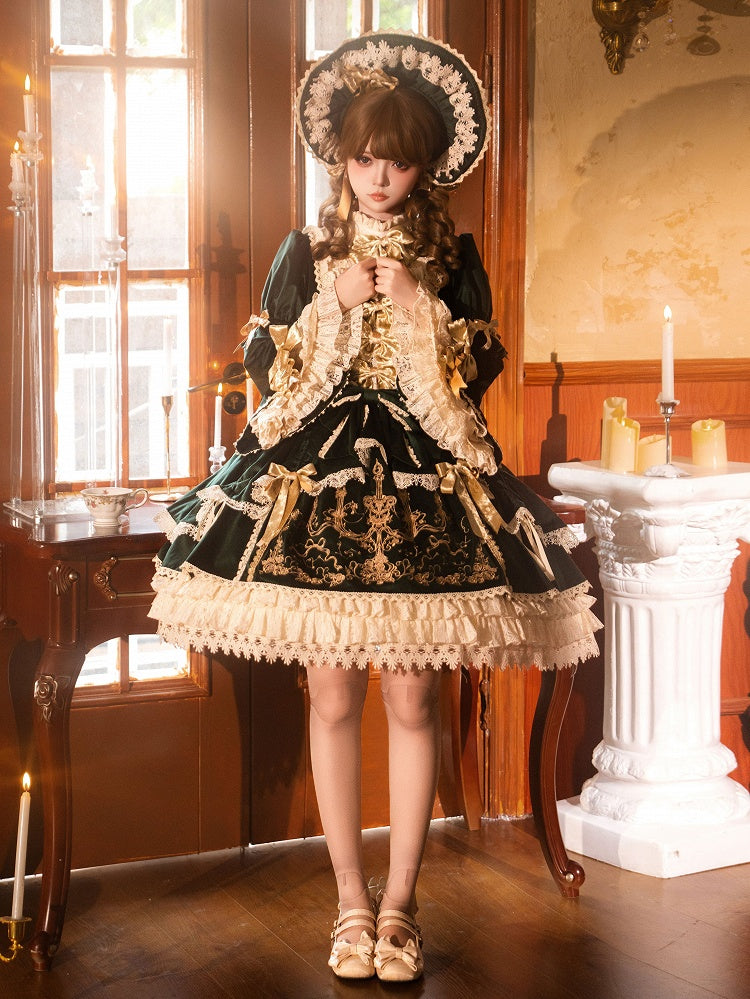 Candle and Candlestick Embroidery Green Bell Sleeves Velvet Dress Lolita OP / Set