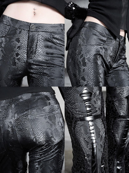 Black Snakeskin Grain Fabric Low Waist Goth Fishtail Pants