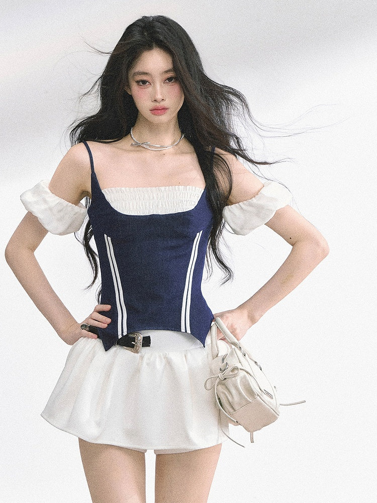 Denim Blue Faux Two-pieces T-shirt Puff Sleeves Top