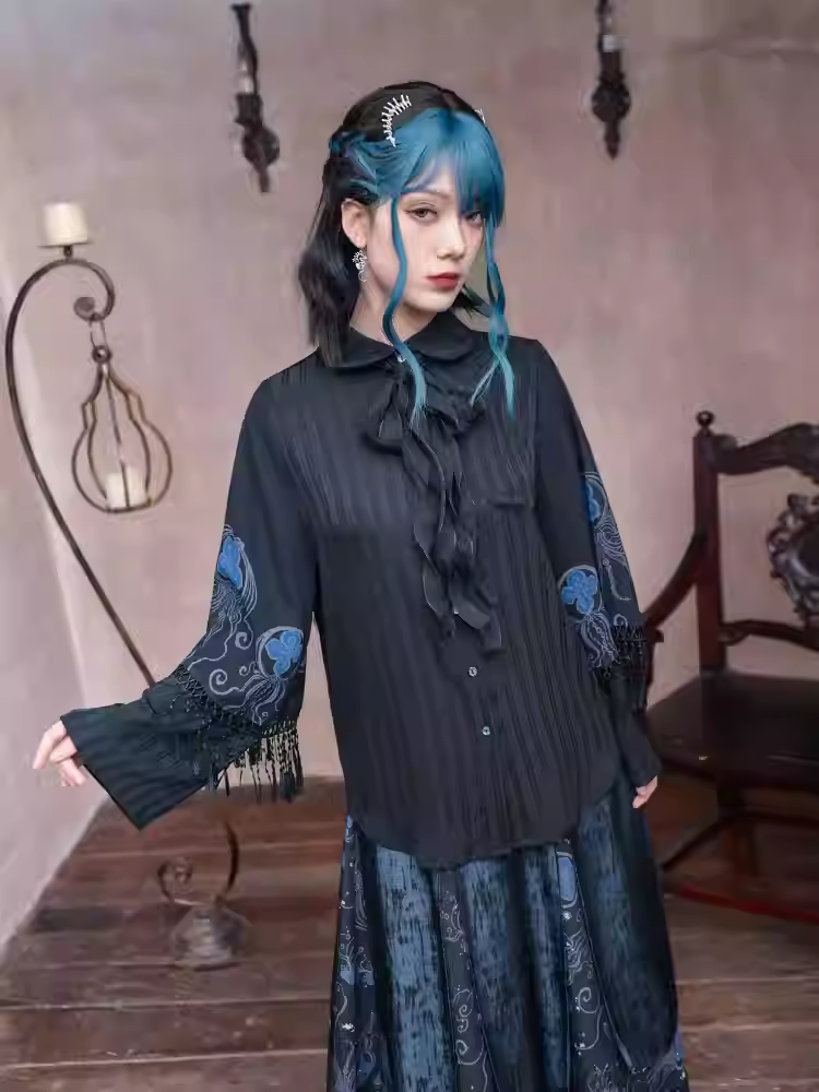 Blue Jellyfish Print Black Peter Pan Collar Tassel Cuffs Cheongsam Style Blouse with Self-tie Bow