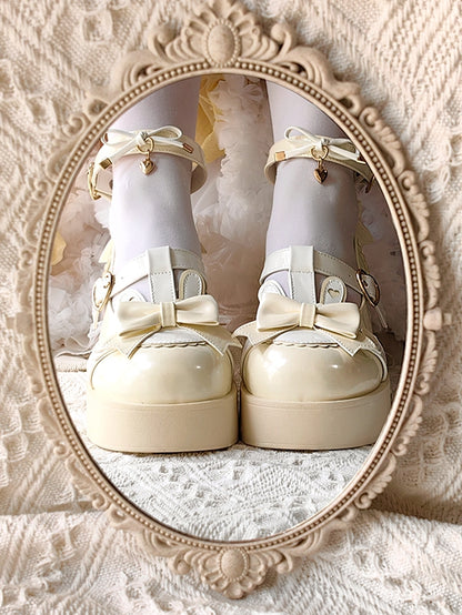 Yellow Sweet Lolita Heart Details Bunny Ear Bow at Top T-strap Platforms