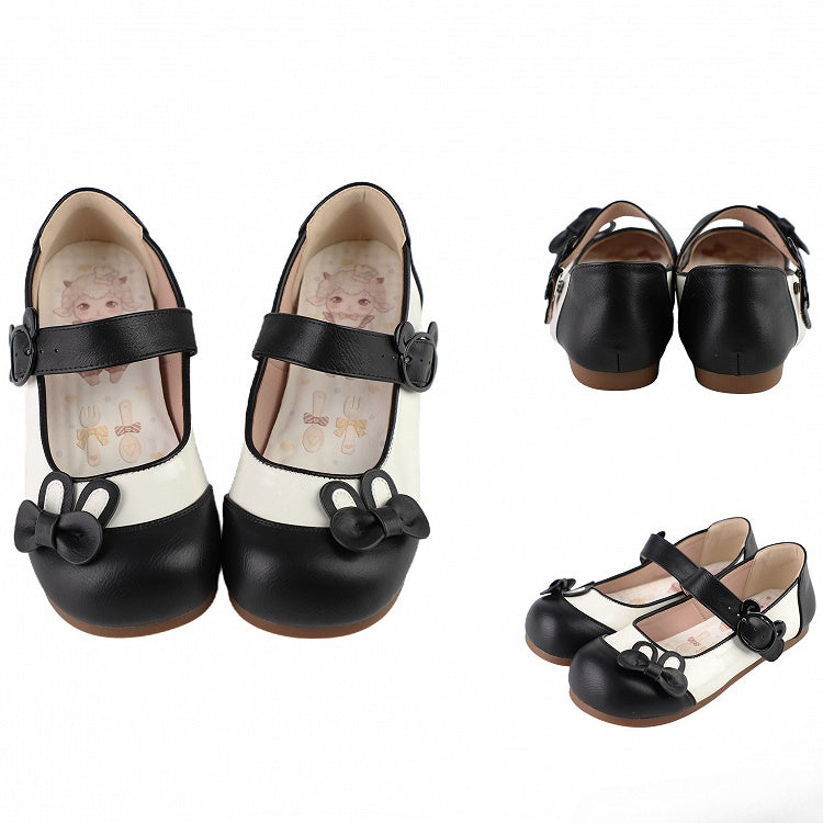 Black Bunny Ear Bowknot Decorated Bear Buckle Flats