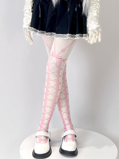 White Sweet Lolita Lace-up Print Tights