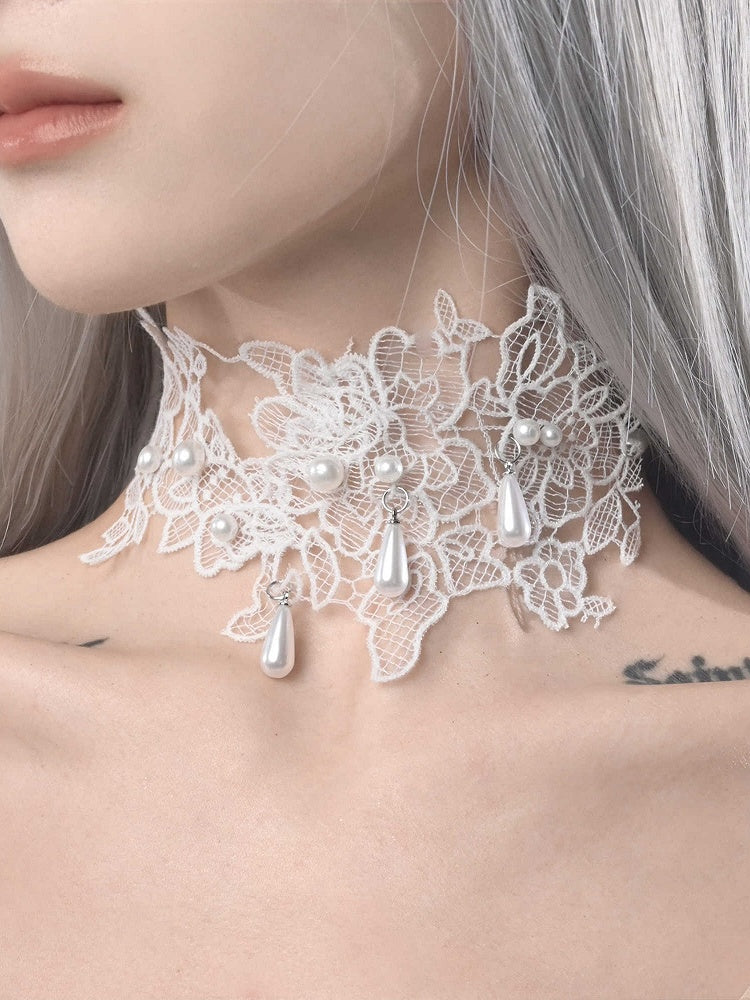 White Bead Details Lace Applique Choker
