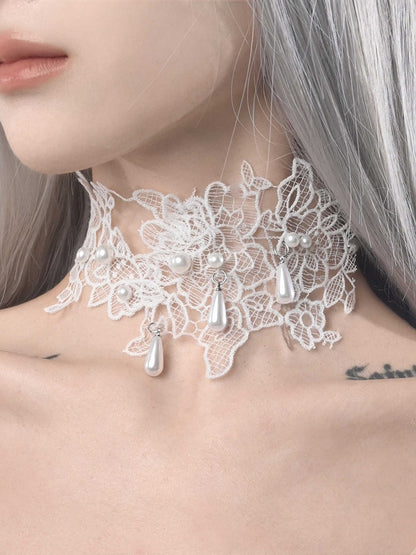 White Bead Details Lace Applique Choker